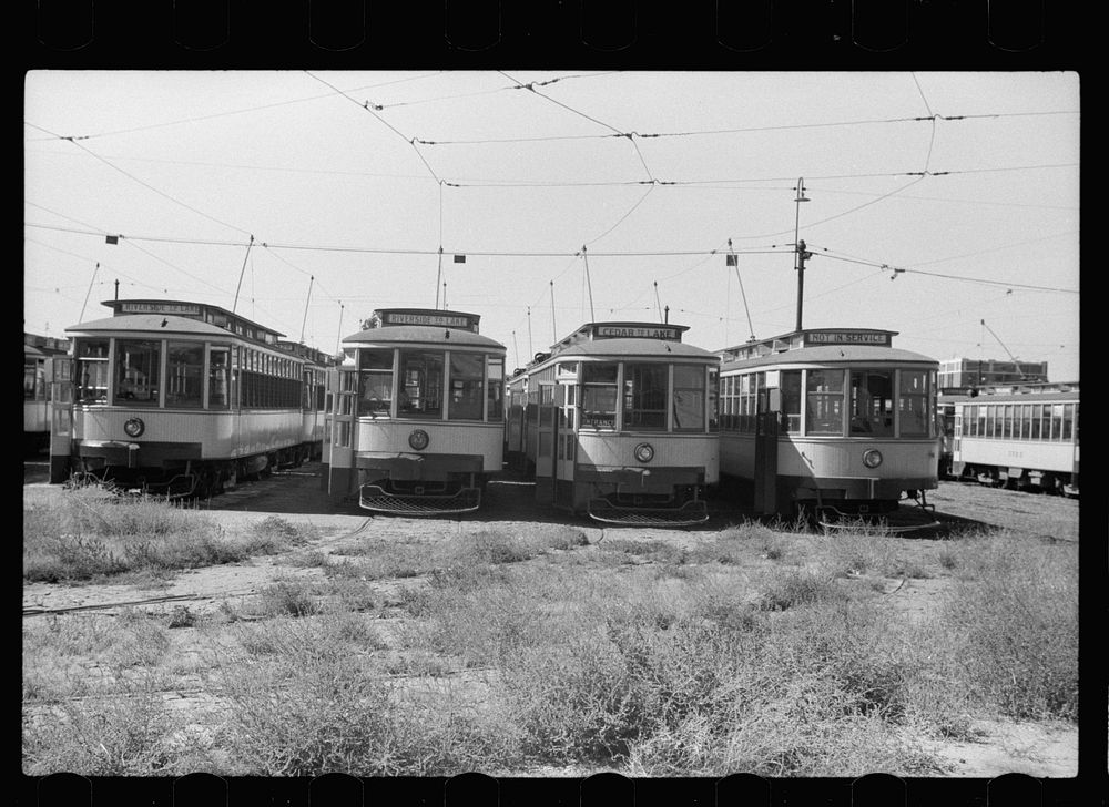 Streetcars in car yard, Minneapolis, Minnesota. Sourced from the Library of Congress.