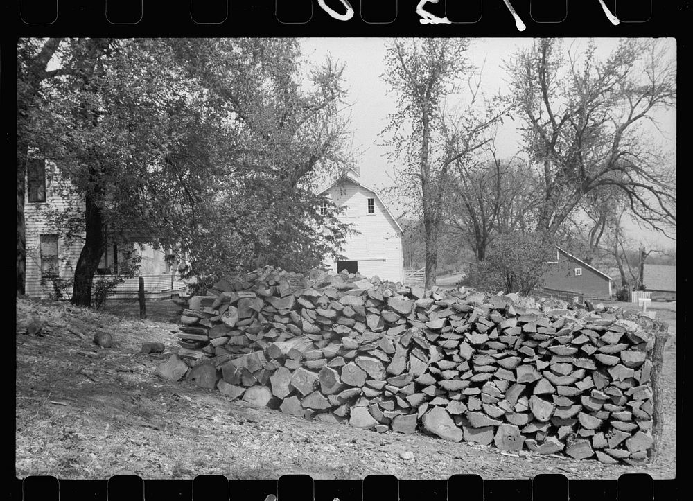 Woodpile on Danish farm, Monona County, Iowa. Sourced from the Library of Congress.