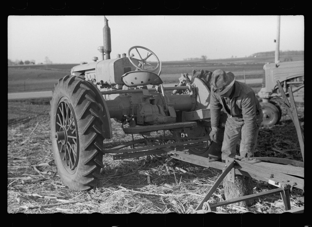 [Untitled photo, possibly related to: Detaching disc from tractor at end of day's work, Grundy County, Iowa]. Sourced from…