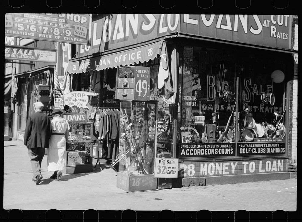 [Untitled photo, possibly related to: Pawnshop in Gateway District, Minneapolis, Minnesota]. Sourced from the Library of…