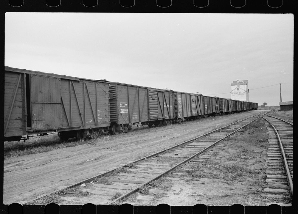 [Untitled photo, possibly related to: Grain elevators along railroad tracks, Sisseton, South Dakota]. Sourced from the…