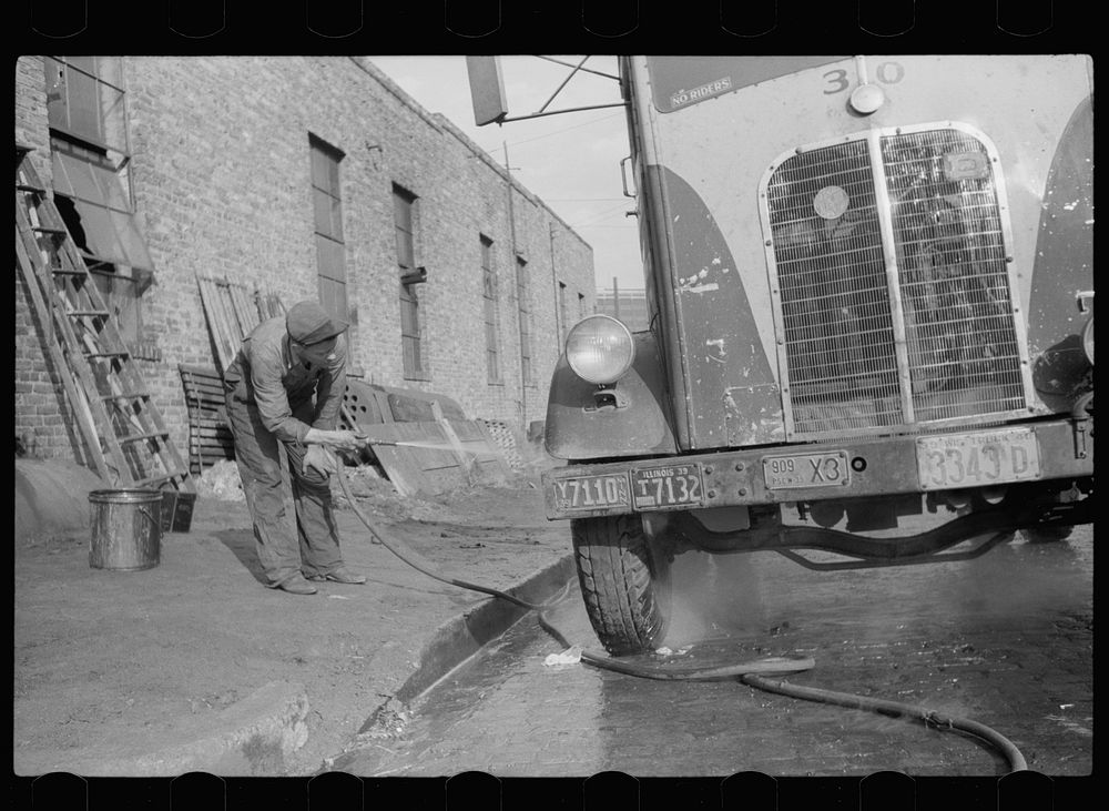 [Untitled photo, possibly related to: Washing truck which has returned from trip, Minneapolis to Chicago. Minneapolis…
