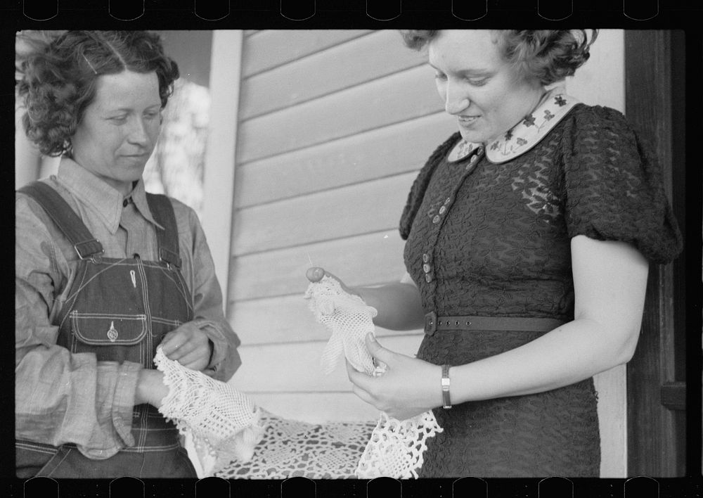 Rehabilitation borrower showing lace work she has made to home supervisor, Grant County, Illinois. Sourced from the Library…