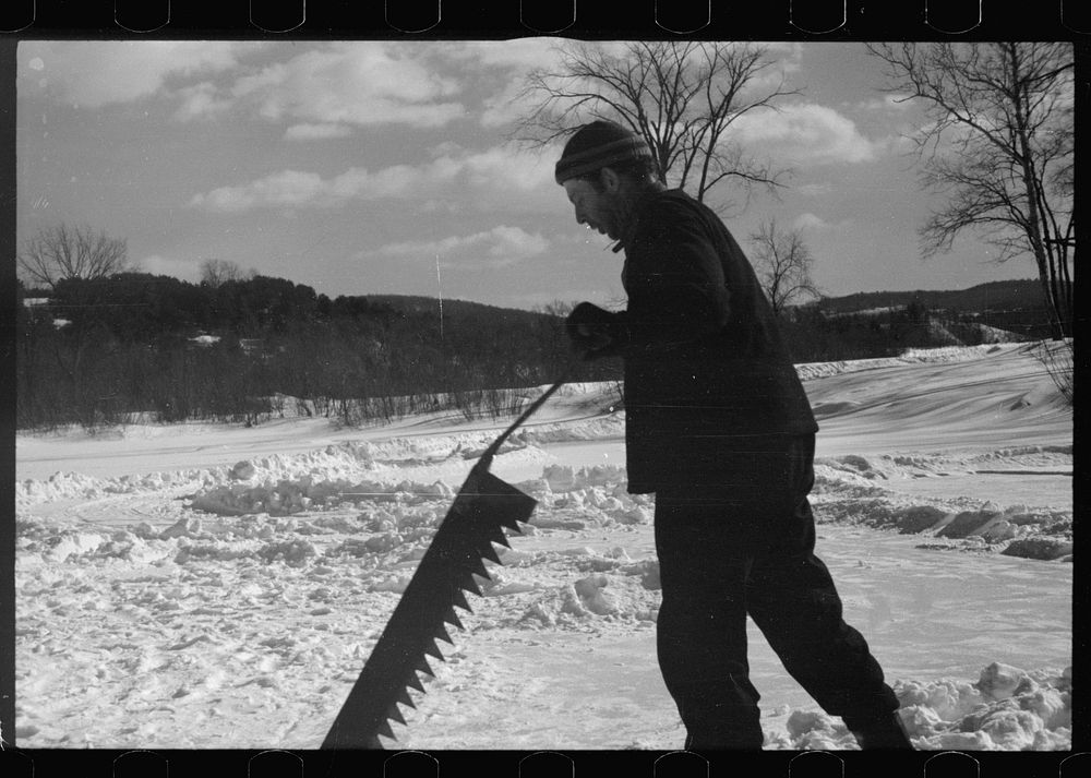[Untitled photo, possibly related to: Coos County, New Hampshire. Cutting ice on the Ottaquetchee River]. Sourced from the…