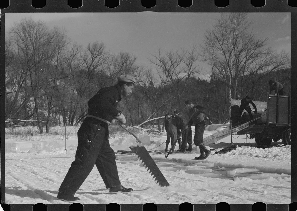 [Untitled photo, possibly related to: Cutting ice on the Ottaquetchee River, Coos County, New Hampshire]. Sourced from the…