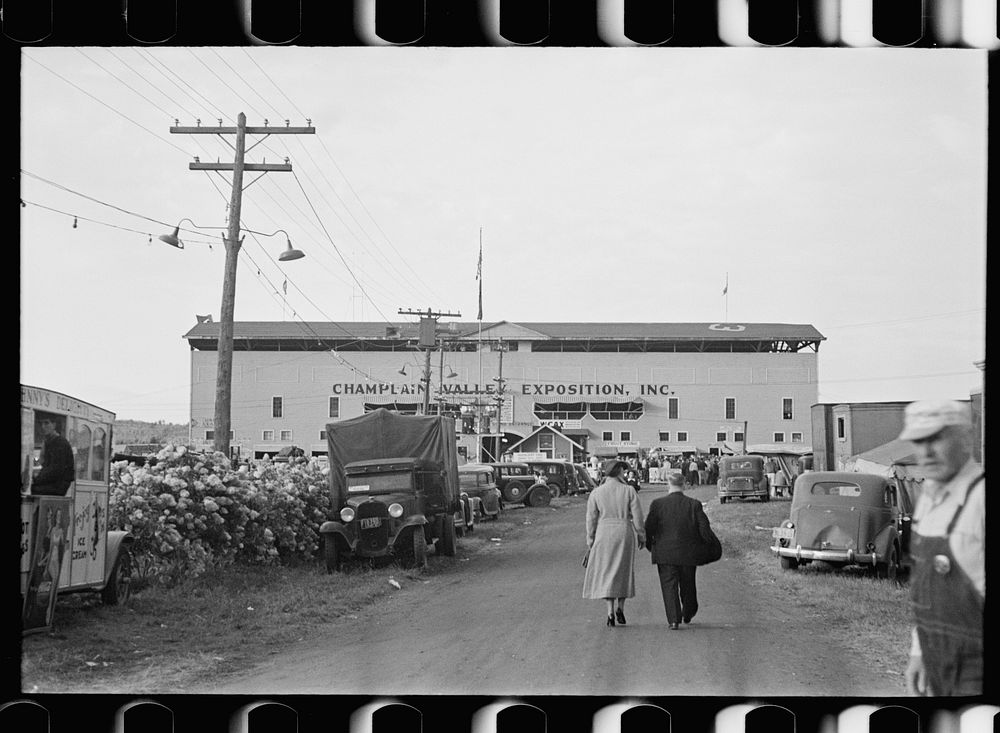 View of fairgrounds, Champlain Valley Exposition, Essex Junction, Vermont. Sourced from the Library of Congress.