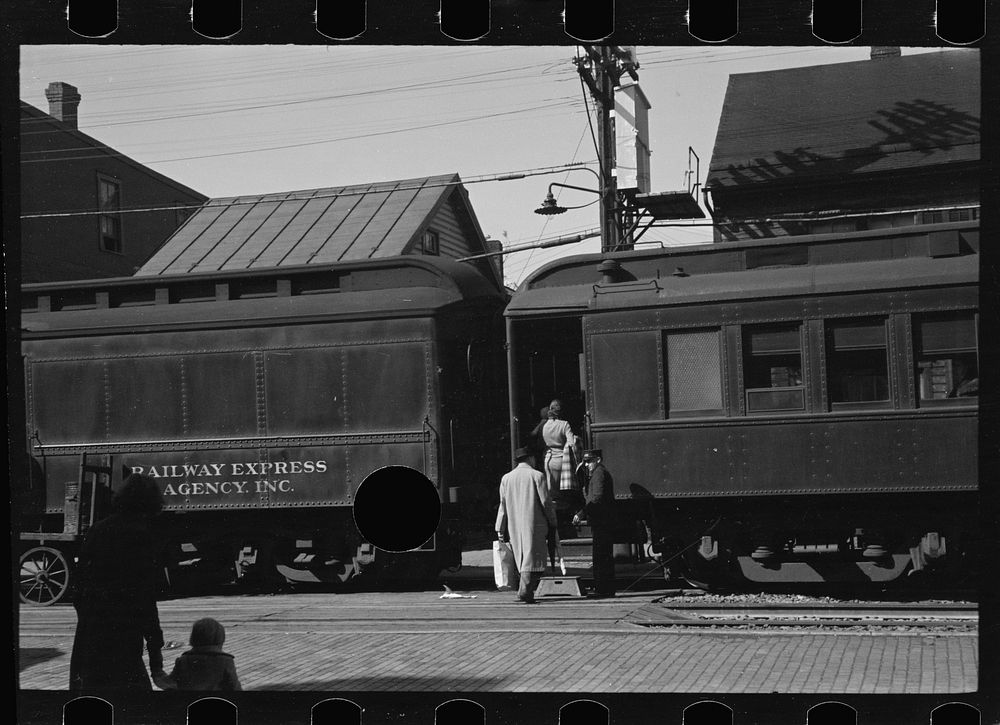 [Untitled photo, possibly related to: Passengers arriving at railroad station, Hagerstown, Maryland]. Sourced from the…