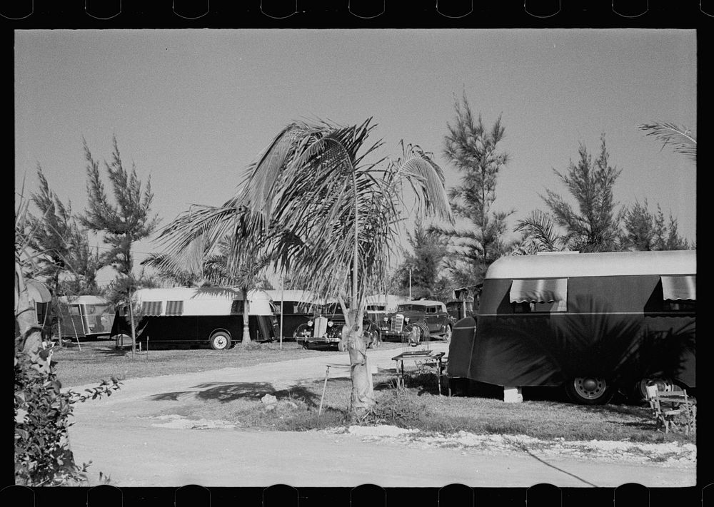 [Untitled photo, possibly related to: Some of the 200 trailers encamped at an auto-trailer camp near Dania, Florida. This is…