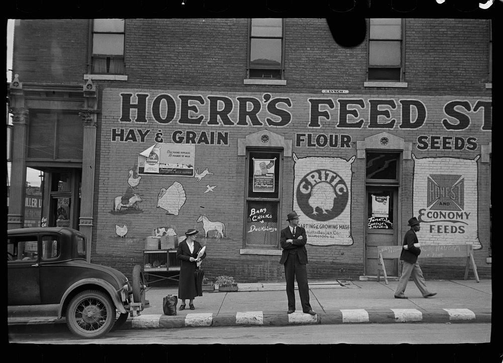 Waiting for a bus in front of feed store, Peoria, Illinois. Sourced from the Library of Congress.