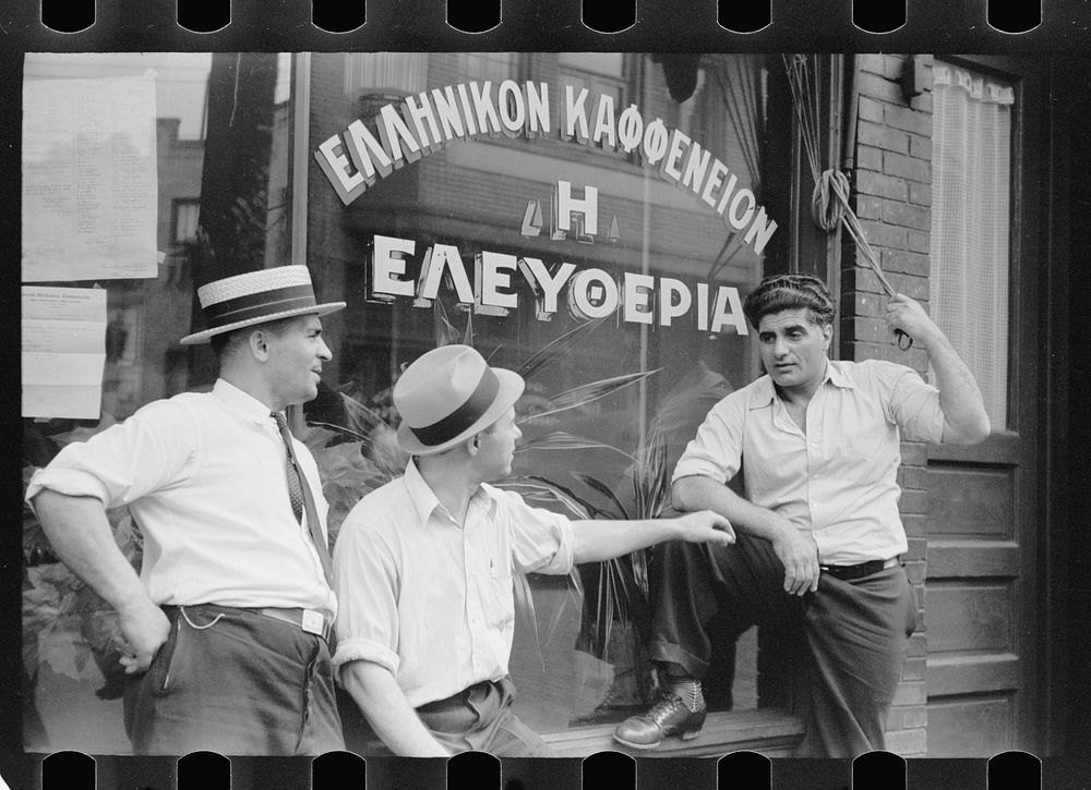 Steelworkers talking to the proprietor of a coffee shop whose name dedicates it to "liberty," Aliquippa, Pennsylvania.…