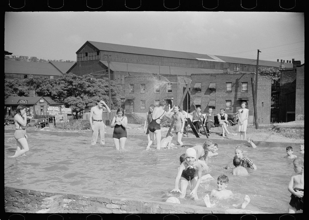 Homemade swimming pool built by steelworkers for their children, Pittsburgh, Pennsylvania. Sourced from the Library of…
