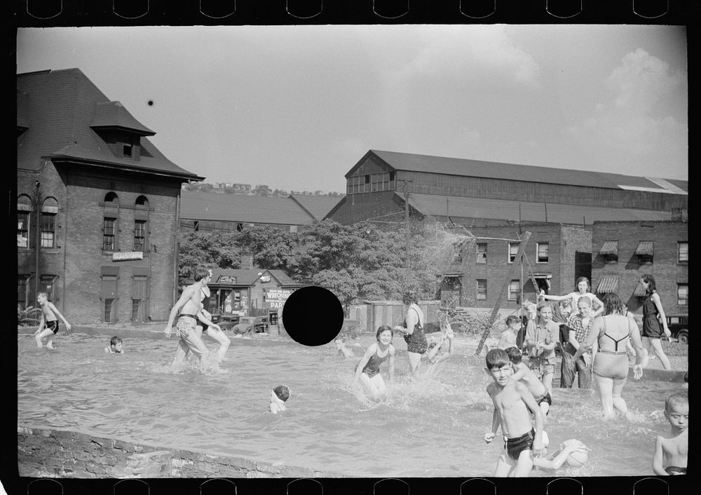 [Untitled photo, possibly related to: Homemade swimming pool built by steelworkers for their children, Pittsburgh…