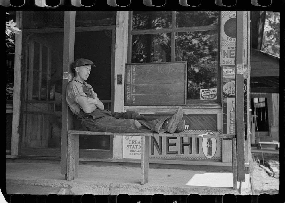 Resting in front of general store, Blankenship, Martin County, Indiana. Sourced from the Library of Congress.