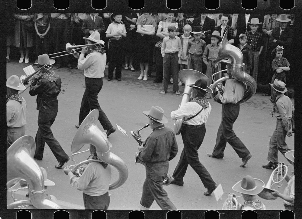 [Untitled photo, possibly related to: Cowboy band in Go Western parade, Billings, Montana]. Sourced from the Library of…