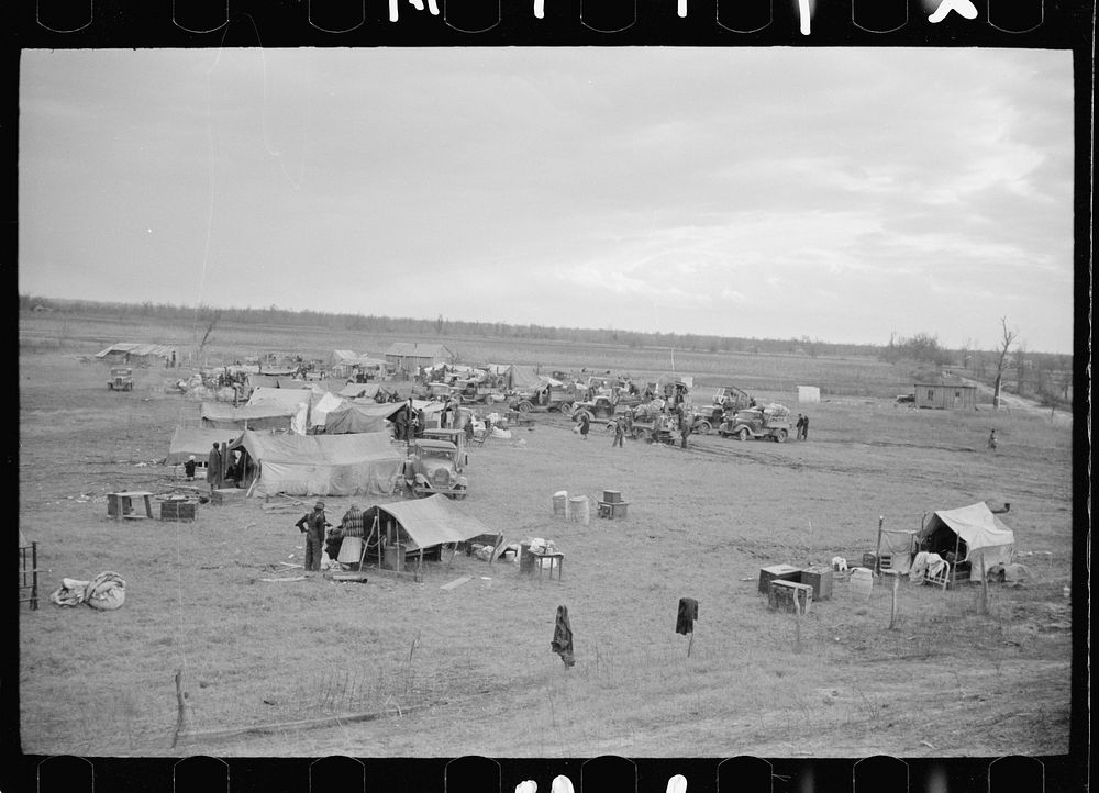 New Madrid spillway where evicted sharecroppers were moved from highway, New Madrid County, Missouri. Sourced from the…
