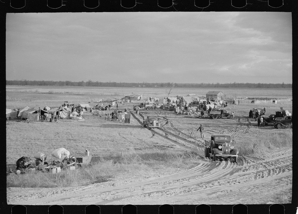 New Madrid spillway, where evicted sharecroppers were moved from highway, New Madrid County, Missouri. Sourced from the…