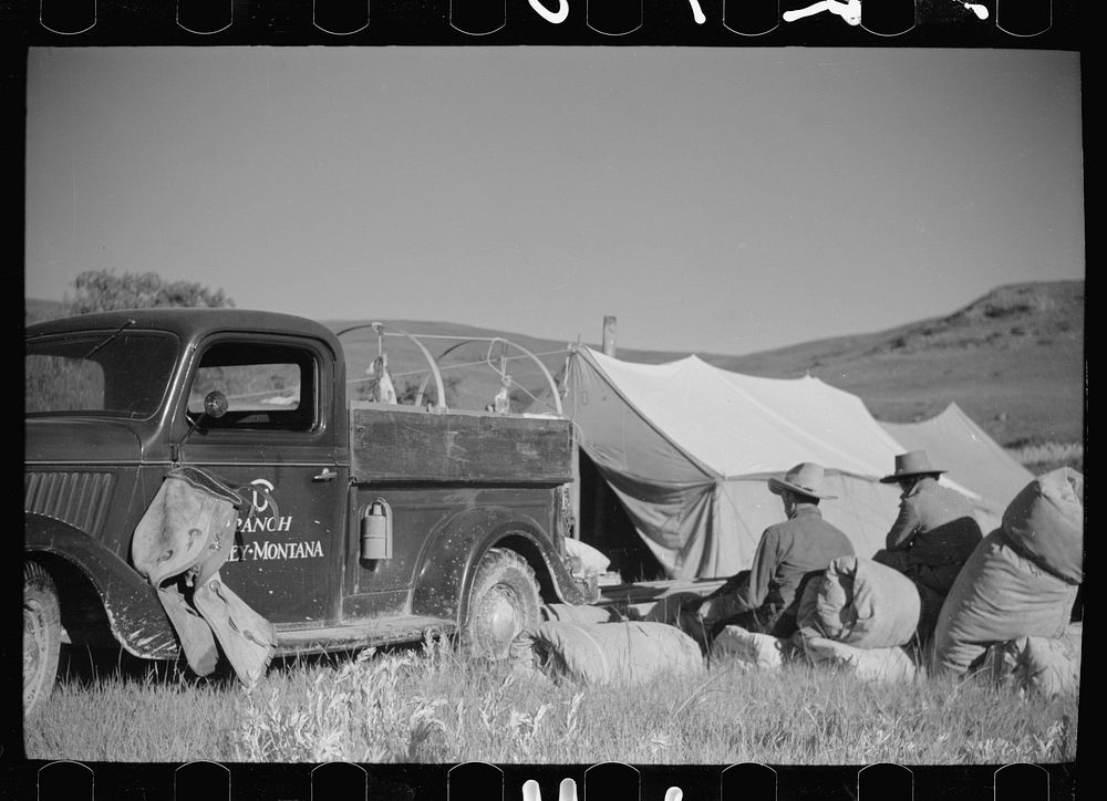 Setting up the roundup camp, Quarter Circle U Ranch roundup, Montana. Sourced from the Library of Congress.