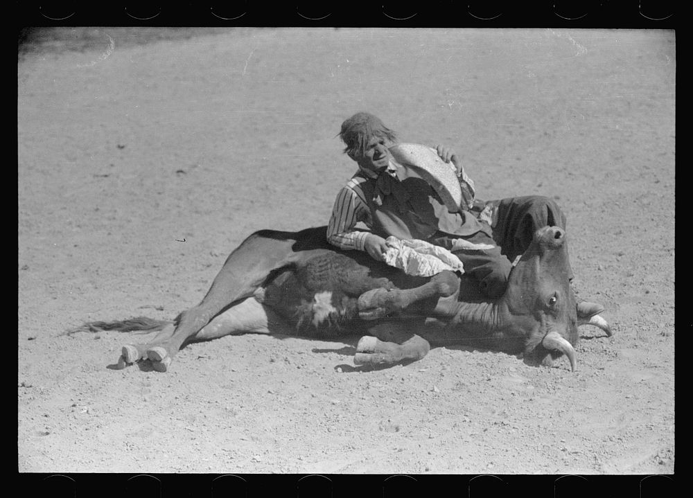 Clown at rodeo, Miles City, Montana. Sourced from the Library of Congress.