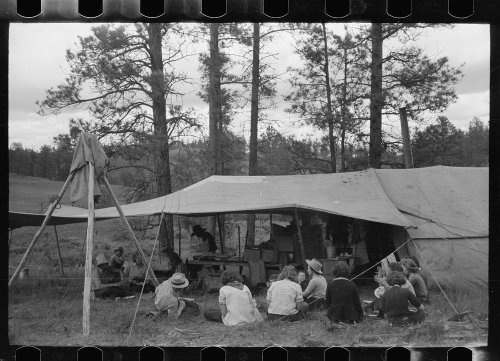 Dudes and cowboys, Three Circle roundup camp, Powder River County, Montana. Sourced from the Library of Congress.