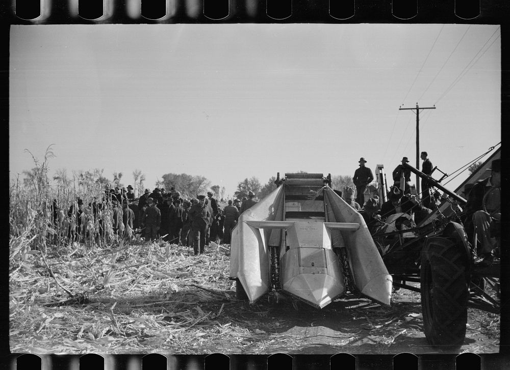 [Untitled photo, possibly related to: Farmers examine a two-row mounted corn picker, mechanical cornhusking contest, Hardin…