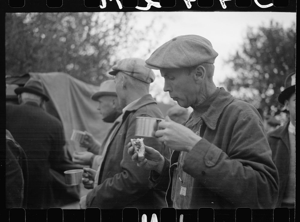 [Untitled photo, possibly related to: Farmer eats hamburger at cornhusking contest, Marshall County, Iowa]. Sourced from the…
