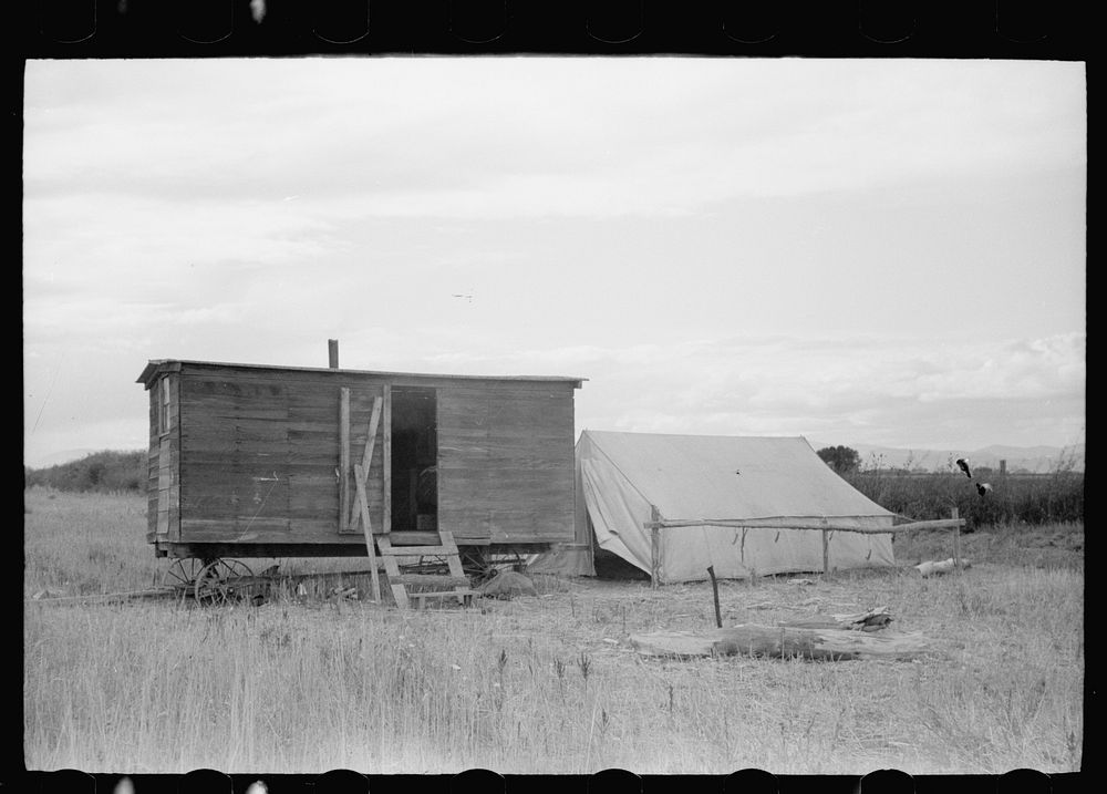 [Untitled photo, possibly related to: Akron potato picker's home, Rio Grande County, Colorado]. Sourced from the Library of…