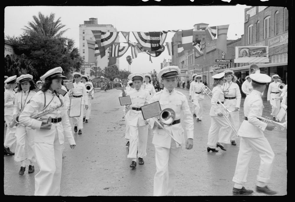 [Untitled photo, possibly related to: High school band, Charro Days parade, Brownsville, Texas]