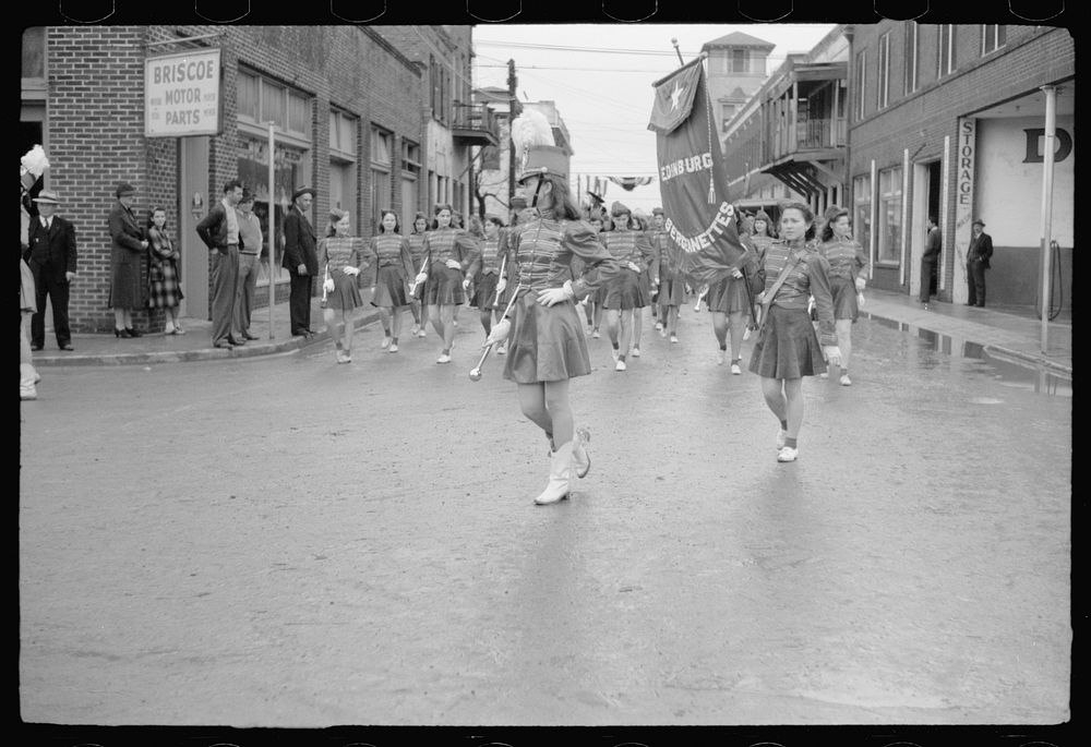 [Untitled photo, possibly related to: High school band, Charro Days parade, Brownsville, Texas]. Sourced from the Library of…