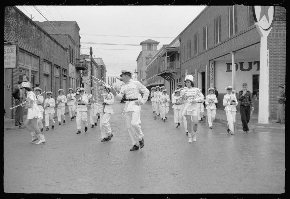 High school band, Charro Days parade, Brownsville, Texas. Sourced from the Library of Congress.