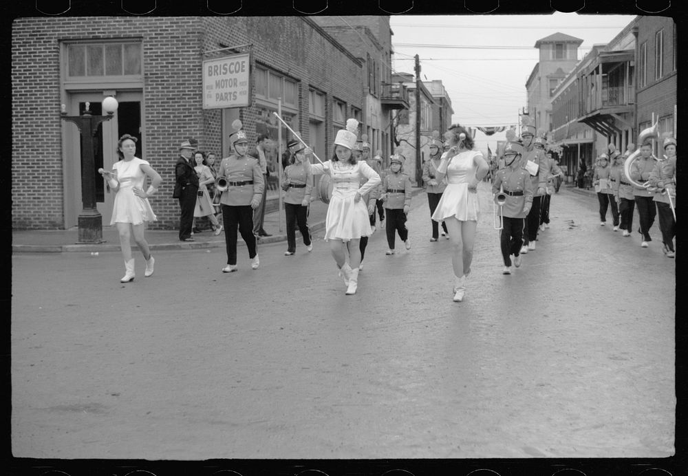 High school bands, Charro Days parade, Brownsville, Texas. Sourced from the Library of Congress.