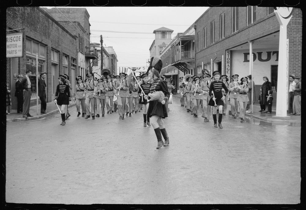 [Untitled photo, possibly related to: High school band, Charro Days parade, Brownsville, Texas]. Sourced from the Library of…