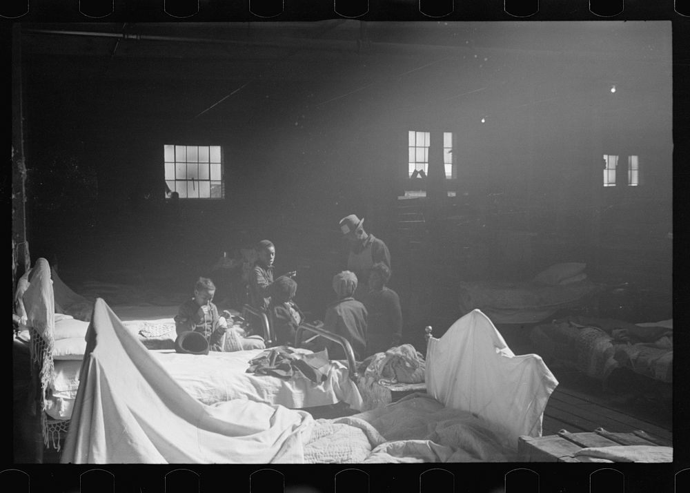 Interior of cotton compress at Forrest City, Arkansas where sick  flood refugees are housed. Sourced from the Library of…