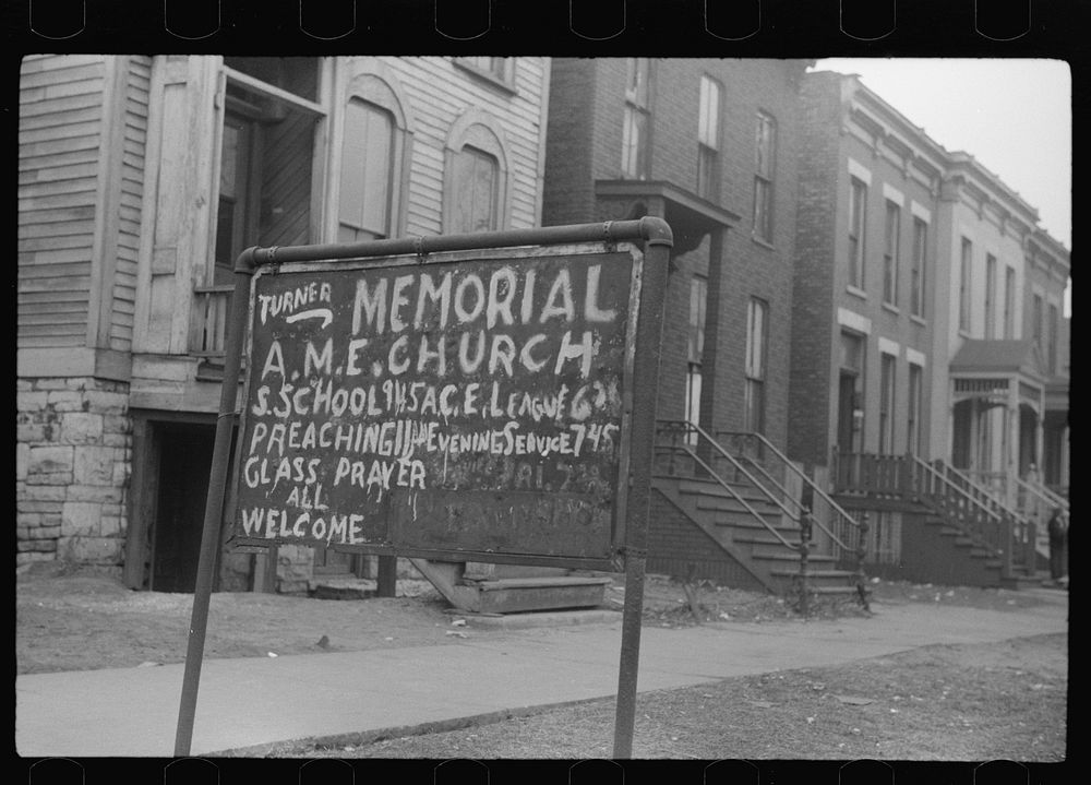 [Untitled photo, possibly related to: Sign outside of church in the Black Belt, Chicago, Illinois]. Sourced from the Library…