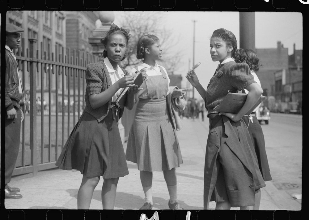 [Untitled photo, possibly related to: Young people outside of  high school, Black Belt, Chicago, Illinois]. Sourced from the…