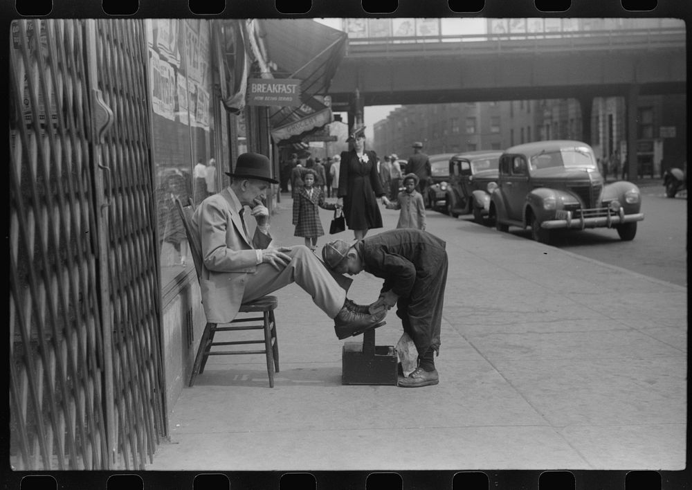 Shoeshine, 47th Street, Chicago's main  business street, Chicago, Illinois. Sourced from the Library of Congress.