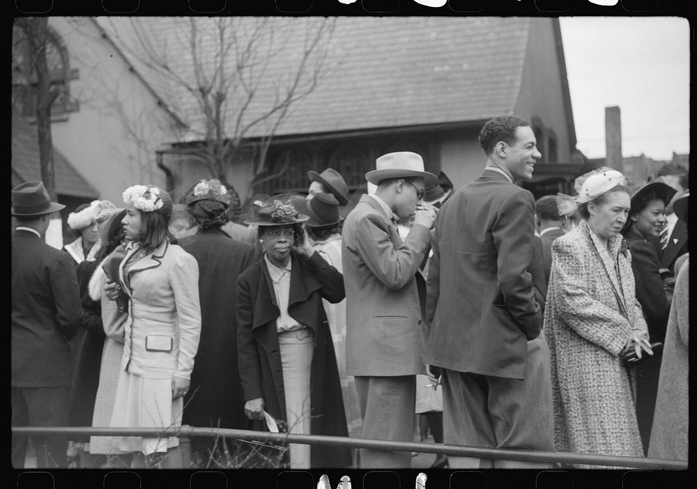 Crowd outside of fashionable  church after Easter Sunday service, Black Belt, Chicago, Illinois. Sourced from the Library of…