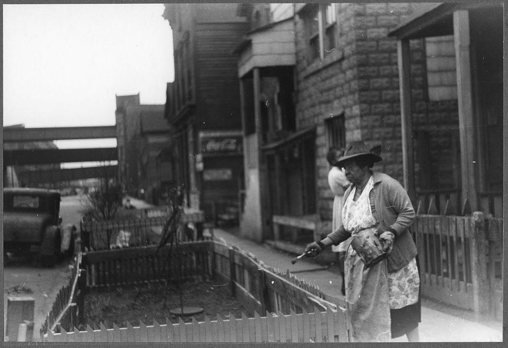  woman painting the fence on her "pavement garden," Black Belt, Chicago, Illinois. Sourced from the Library of Congress.