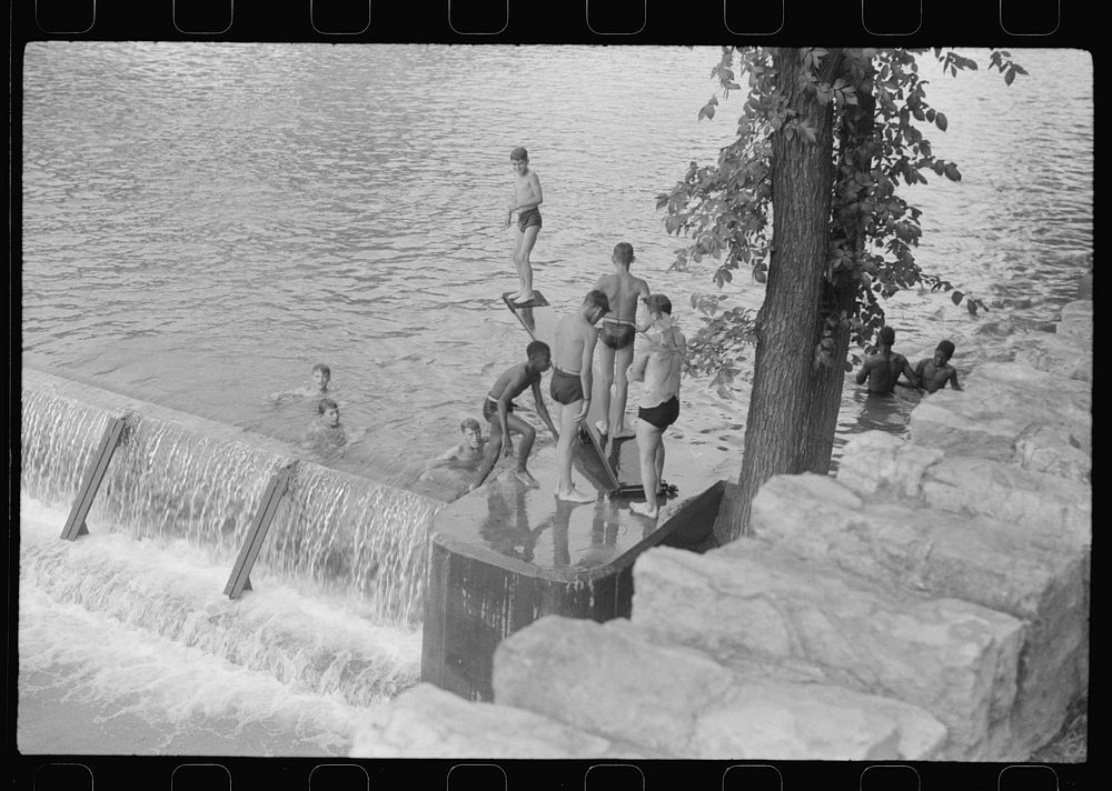 Swimming pool created by CCC (Civilian Conservation Corps) dam, Huntingdon, Pennsylvania. Sourced from the Library of…