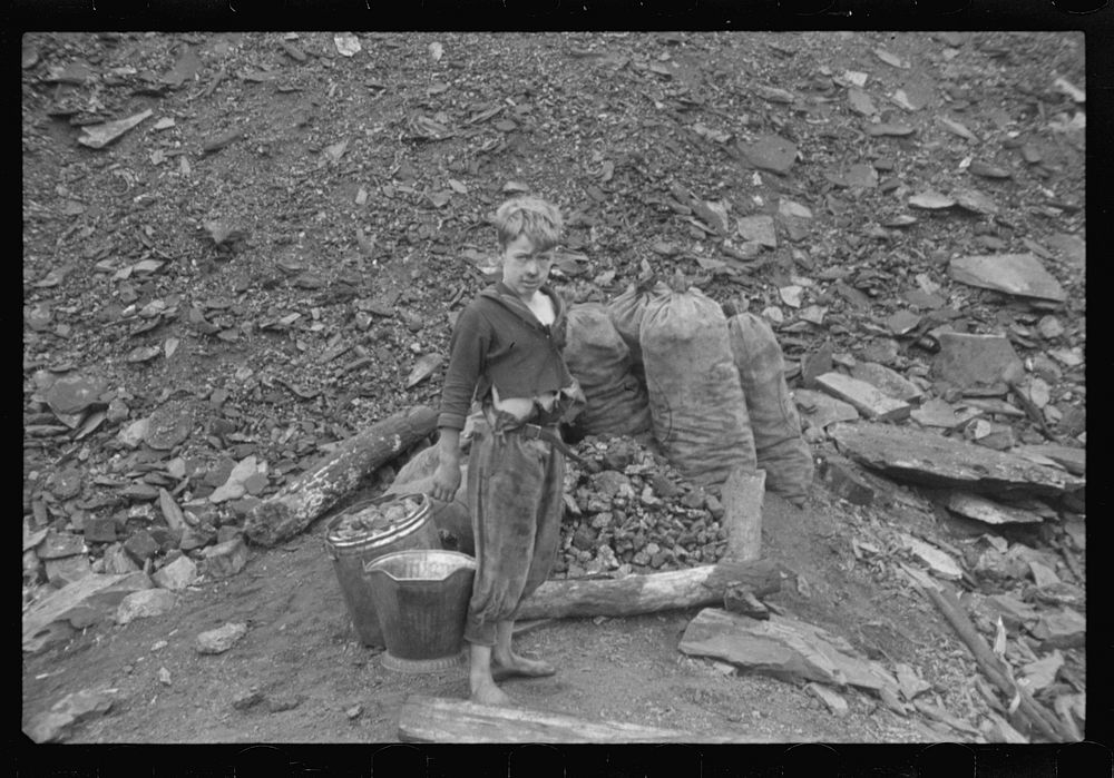 Young boy who salvages coal from the slag heaps, Nanty Glo, Pennsylvania. Sourced from the Library of Congress.