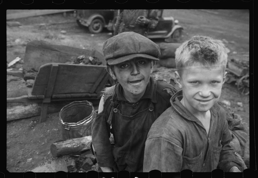 Boys who salvage coal from the slag heaps at Nanty Glo, Pennsylvania. Sourced from the Library of Congress.
