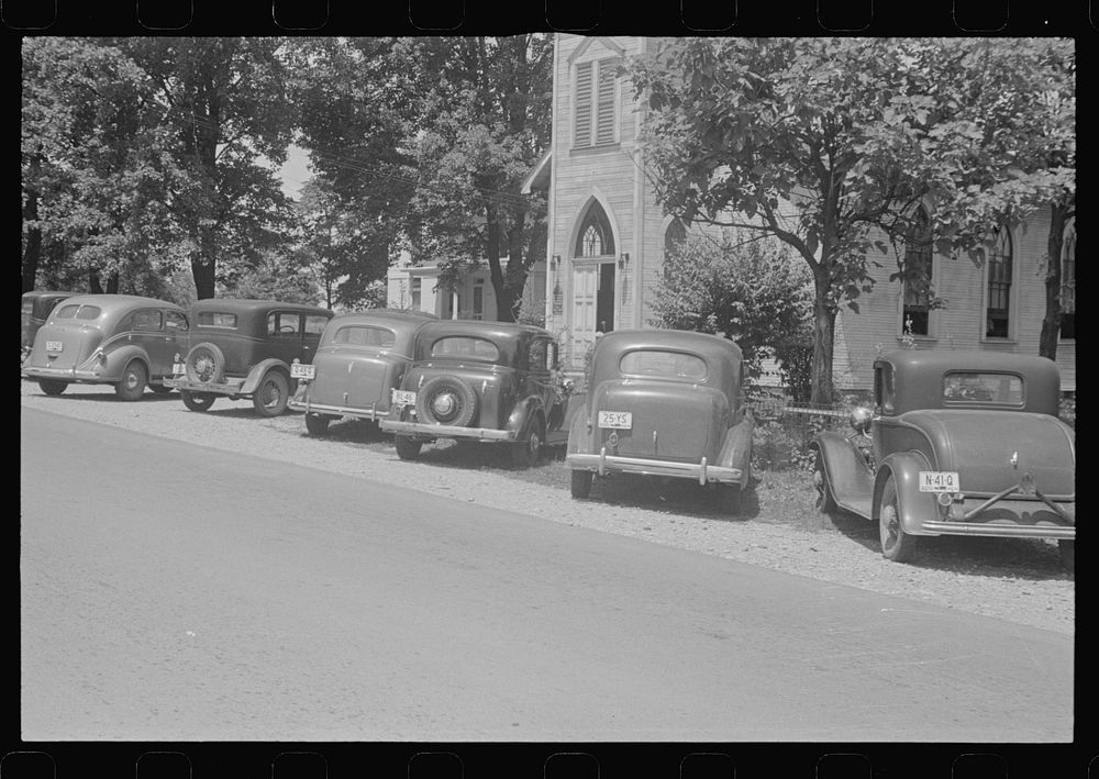 Cars parked outside church, Linworth, Ohio. Sourced from the Library of Congress.