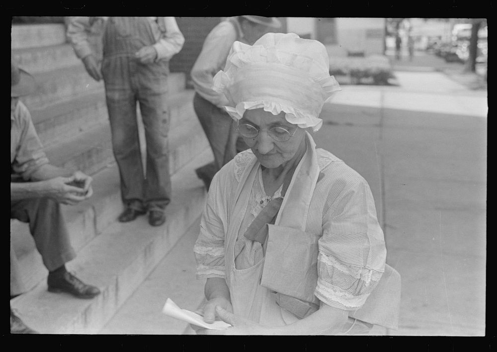 Woman outside relief station, Urbana, Ohio. Sourced from the Library of Congress.