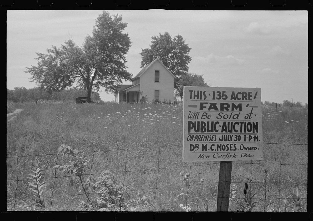 Sign advertising farmland auction, New Carlisle [i.e. Marysville], Ohio. Sourced from the Library of Congress.