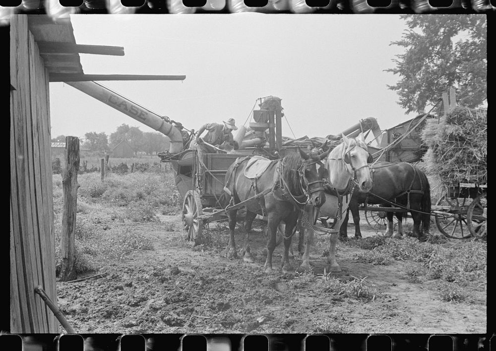 [Untitled photo, possibly related to: Adjusting straw stocker on grain separator, central Ohio]. Sourced from the Library of…