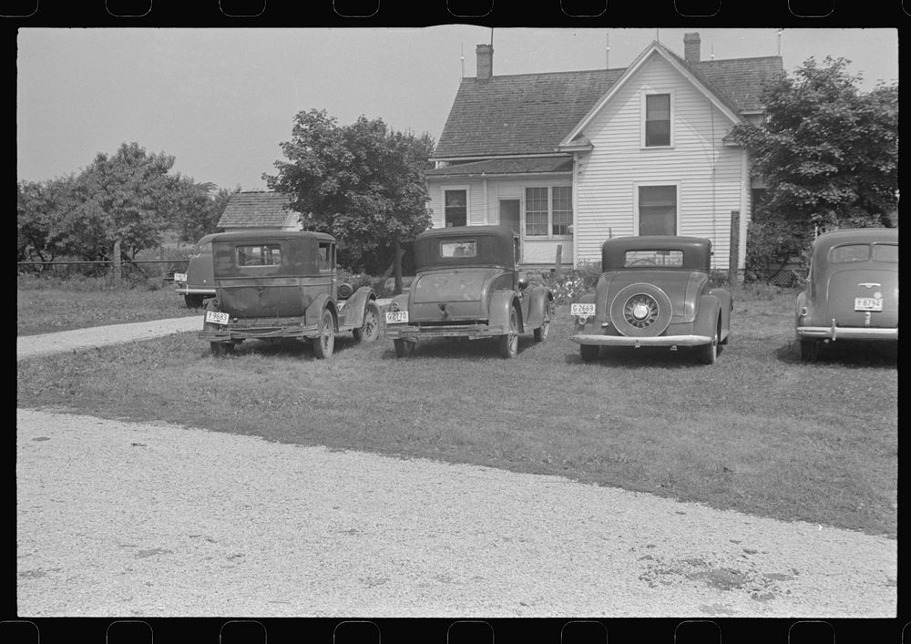 Mechanicsburg (vicinity), Ohio. Cars belonging to harvest hands and helpers on the Virgil Thaxton farm. Sourced from the…