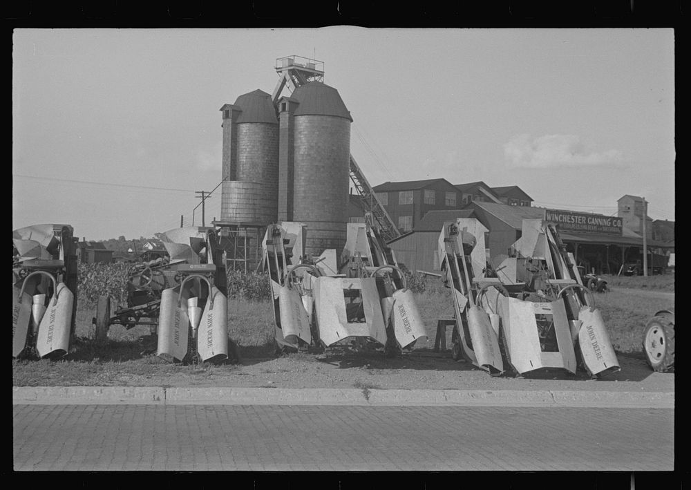 [Untitled photo, possibly related to: Corn harvesters on sale lot, central Ohio (see general caption)]. Sourced from the…