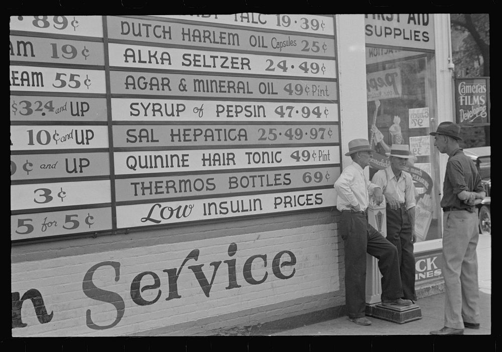 [Untitled photo, possibly related to: Sign on drugstore, Newark, Ohio]. Sourced from the Library of Congress.