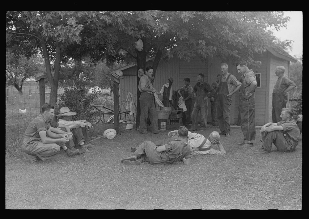 Political forum before dinner during wheat harvest, central Ohio. Sourced from the Library of Congress.