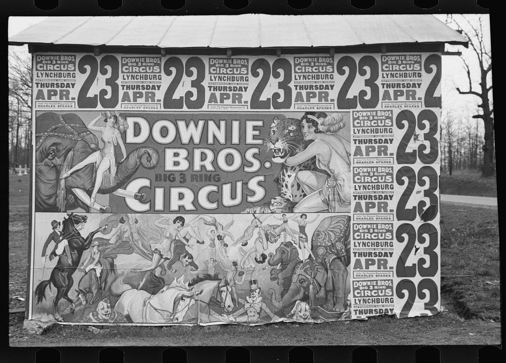 [Untitled photo, possibly related to: [Posters covering a building near Lynchburg to advertise a Downie Bros. circus]].…