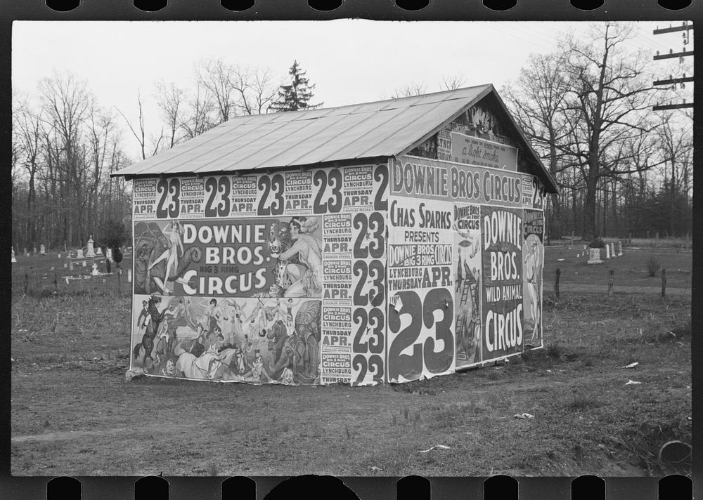 [Untitled photo, possibly related to: [Posters covering a building near Lynchburg to advertise a Downie Bros. circus]].…
